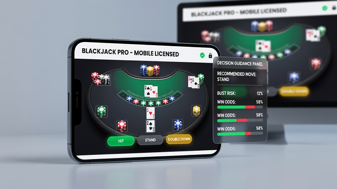 Nahaufnahme einer mobilen Blackjack-Oberfläche mit farbcodierten Karten, Timer-Anzeige und klar strukturierten Entscheidungsoptionen
